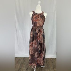 Candalite Maxi Special Occasion Dress Gold and Peach Peonies Woman’s Size S